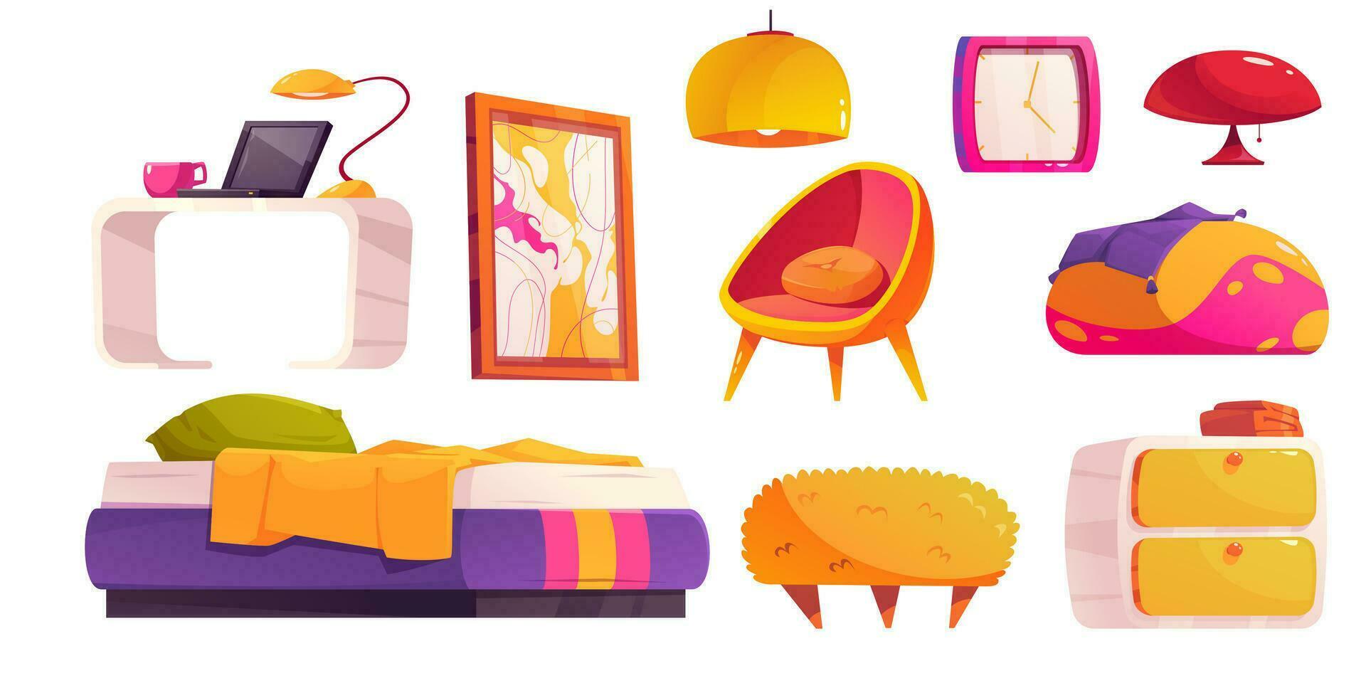 Cartoon set of groovy bedroom furniture set vector