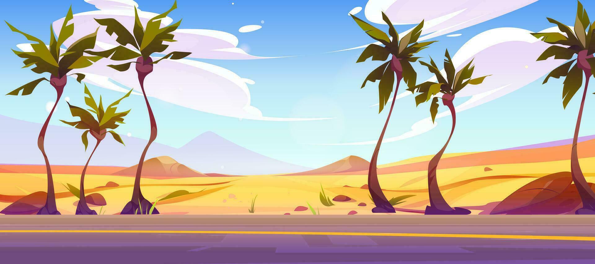 Sand desert road view palm tree landscape scene vector