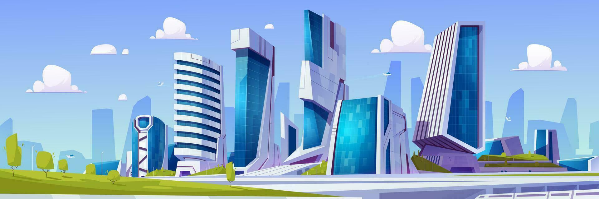 Cartoon futuristic city with green park vector