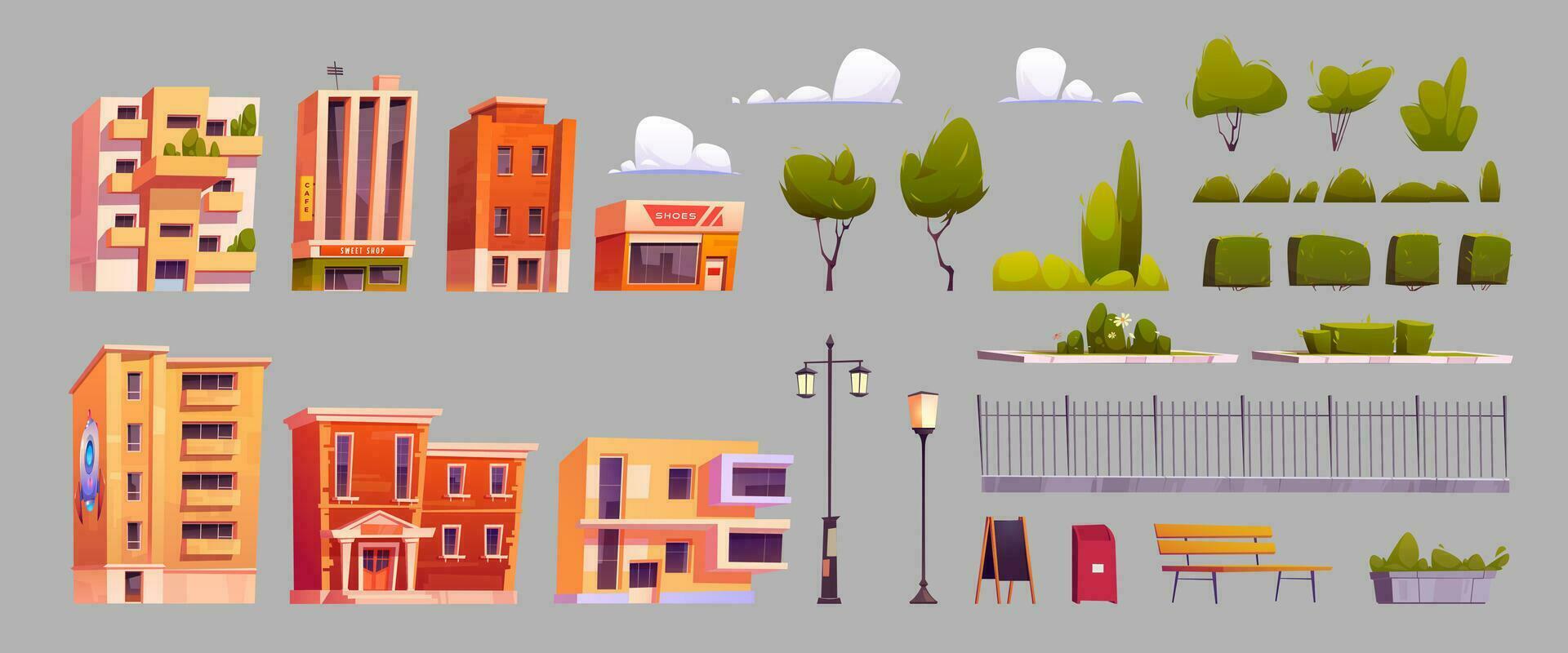 Cartoon set of city street design elements vector