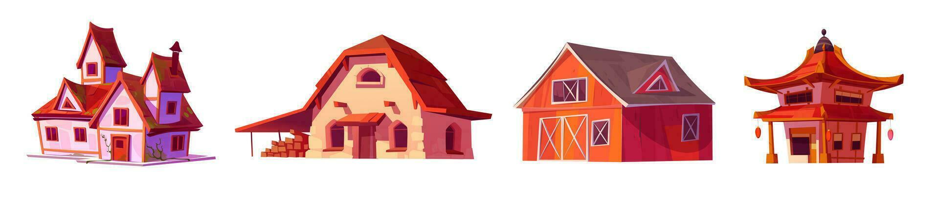 Set of old European and Asian buildings on white vector