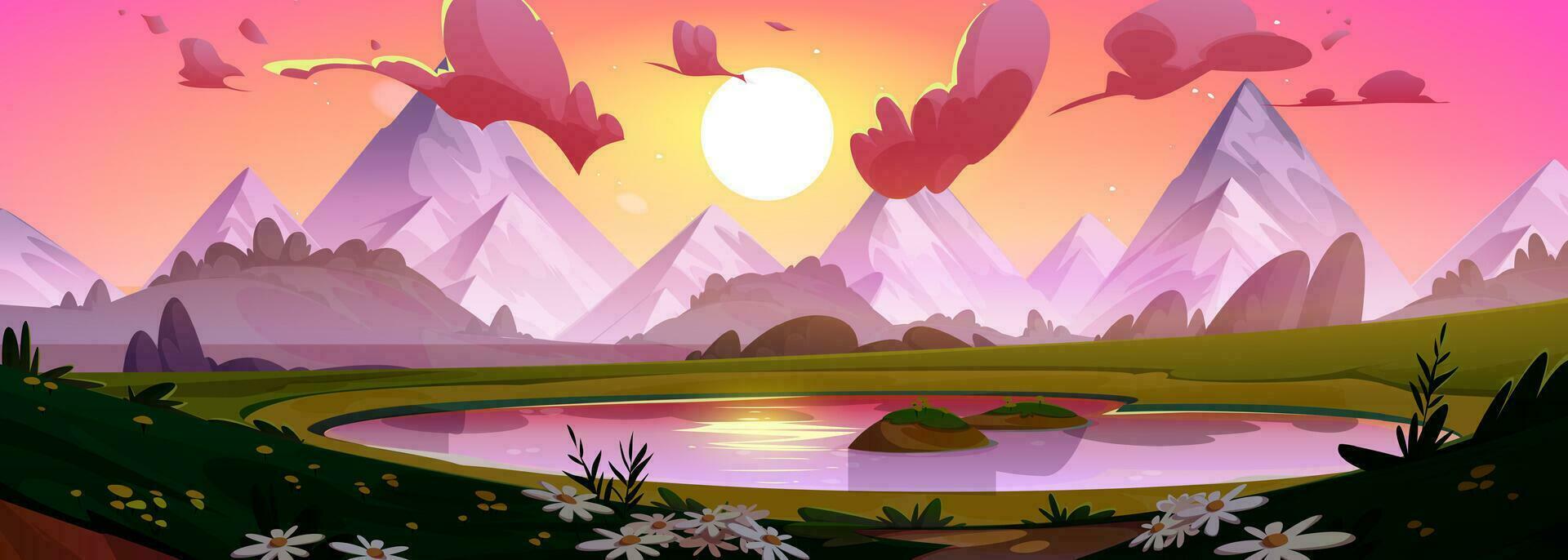 amanecer en montaña cielo dibujos animados paisaje vector