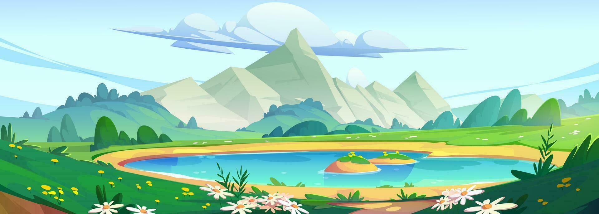 primavera montaña paisaje con lago y flores vector