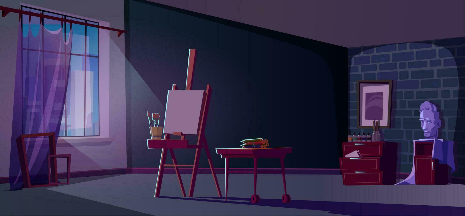 Art paint room studio interior with easel at night vector