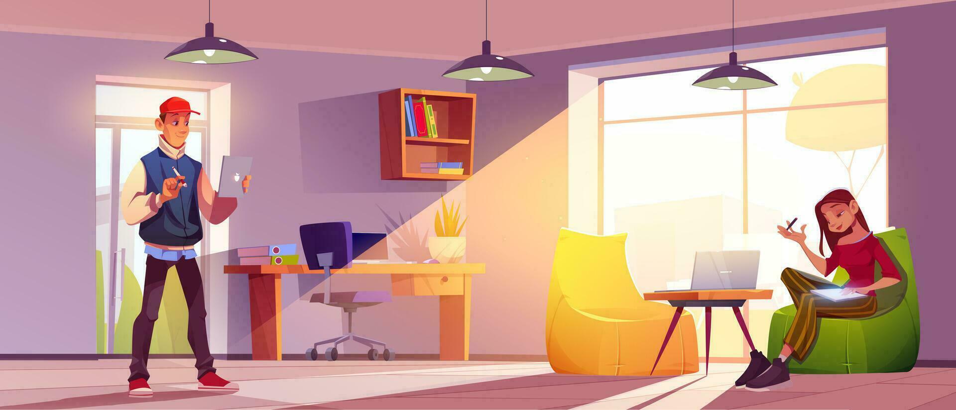 Young man and woman working at home office vector