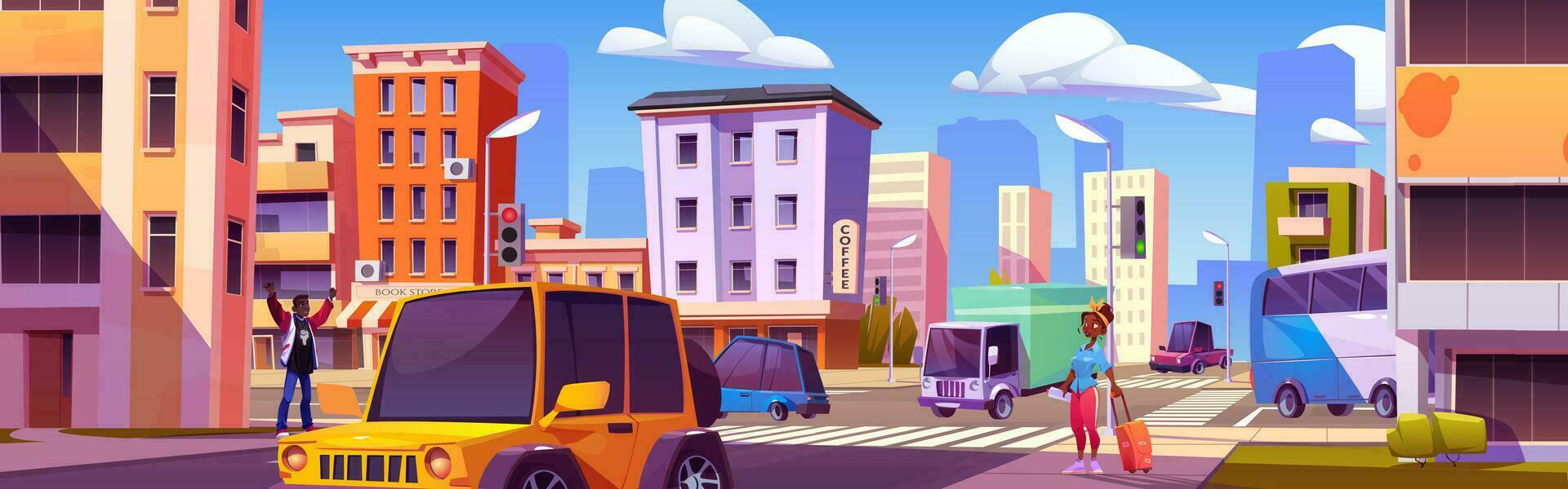 Cartoon city street traffic and pedestrians vector