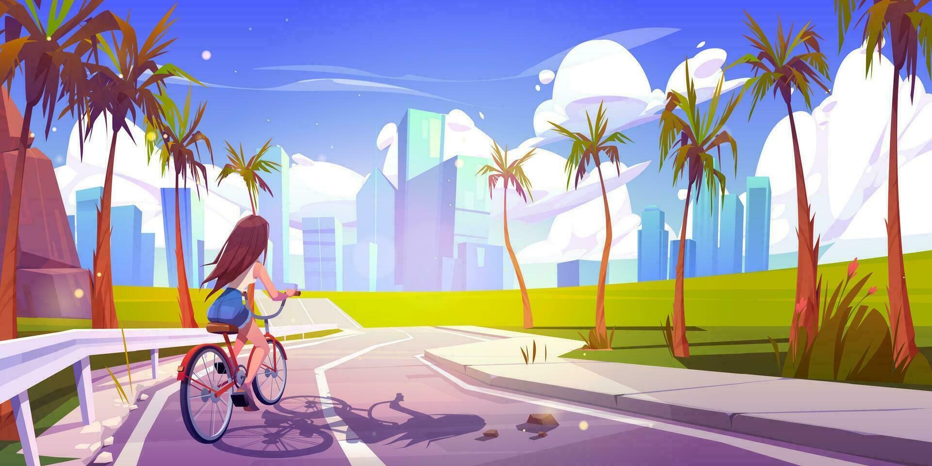 Girl on bicycle ride on street to city background vector