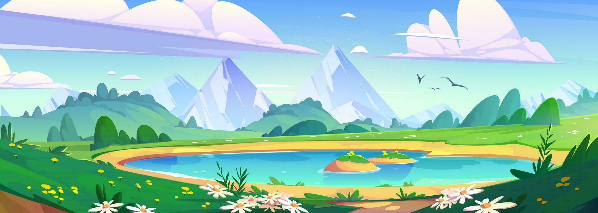 primavera montaña paisaje con lago y flores vector