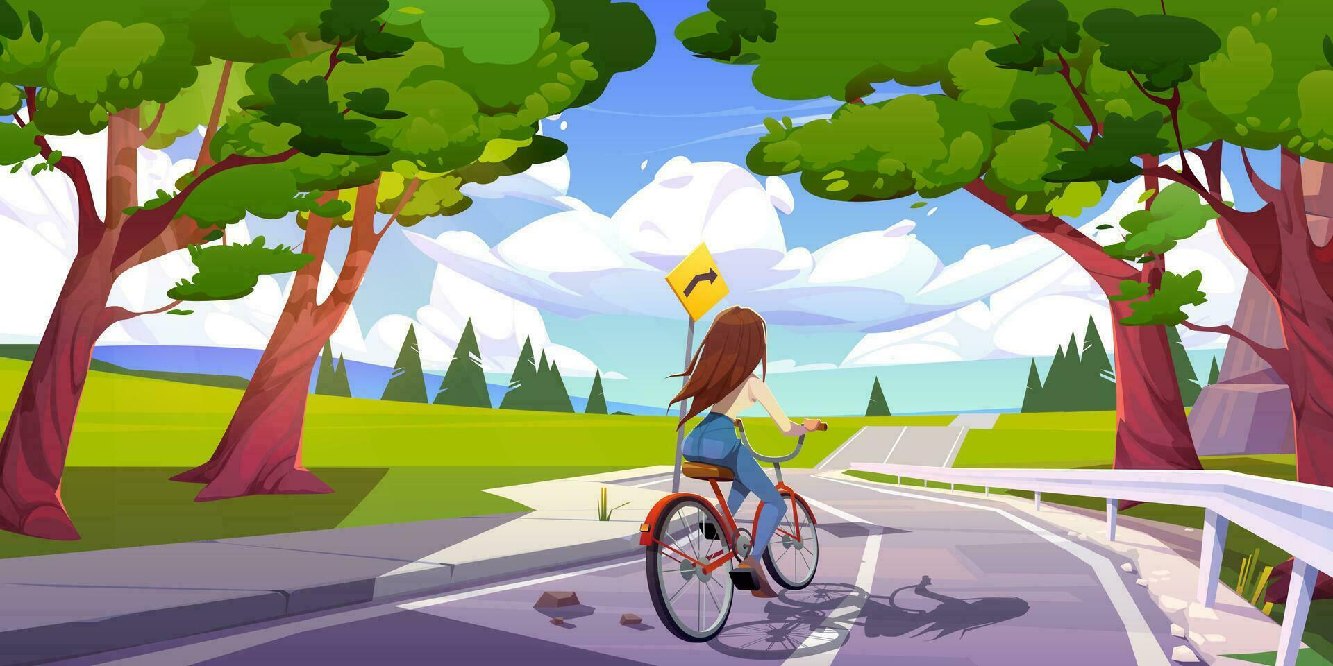 Young woman riding bicycle on mountain highway vector