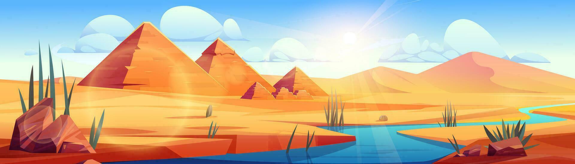 Cartoon desert with ancient pyramids and river vector