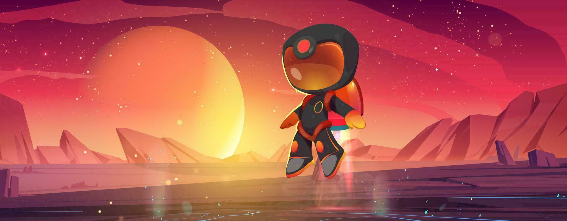 Astronaut character landing on alien planet vector
