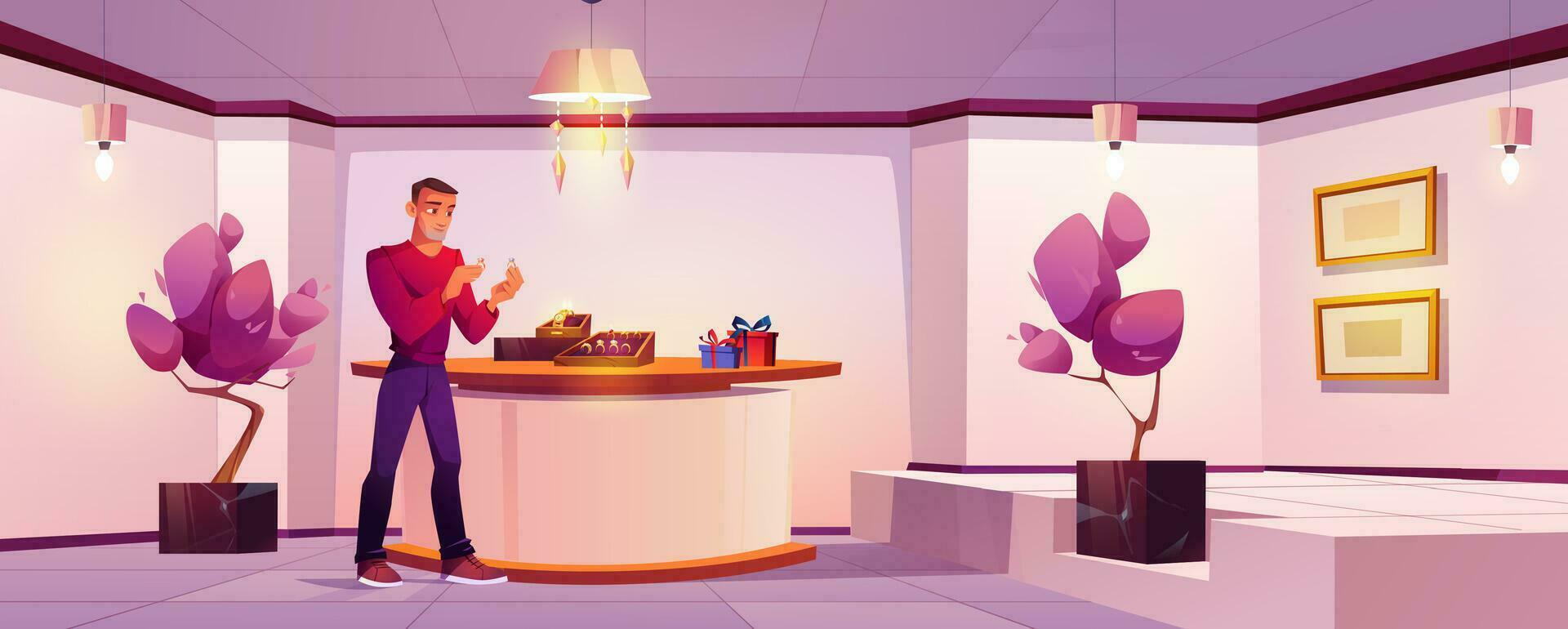 Young man buying engagement ring in jewelry shop vector