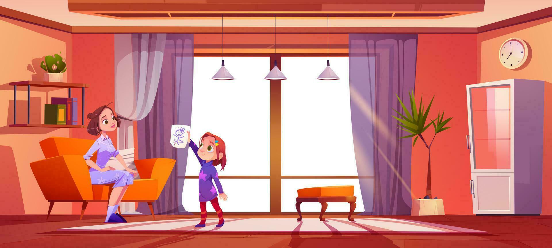 Home living room interior with child show draw vector