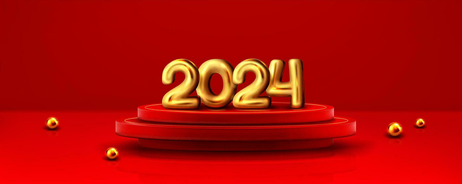 Golden 2024 numbers on red round podium vector