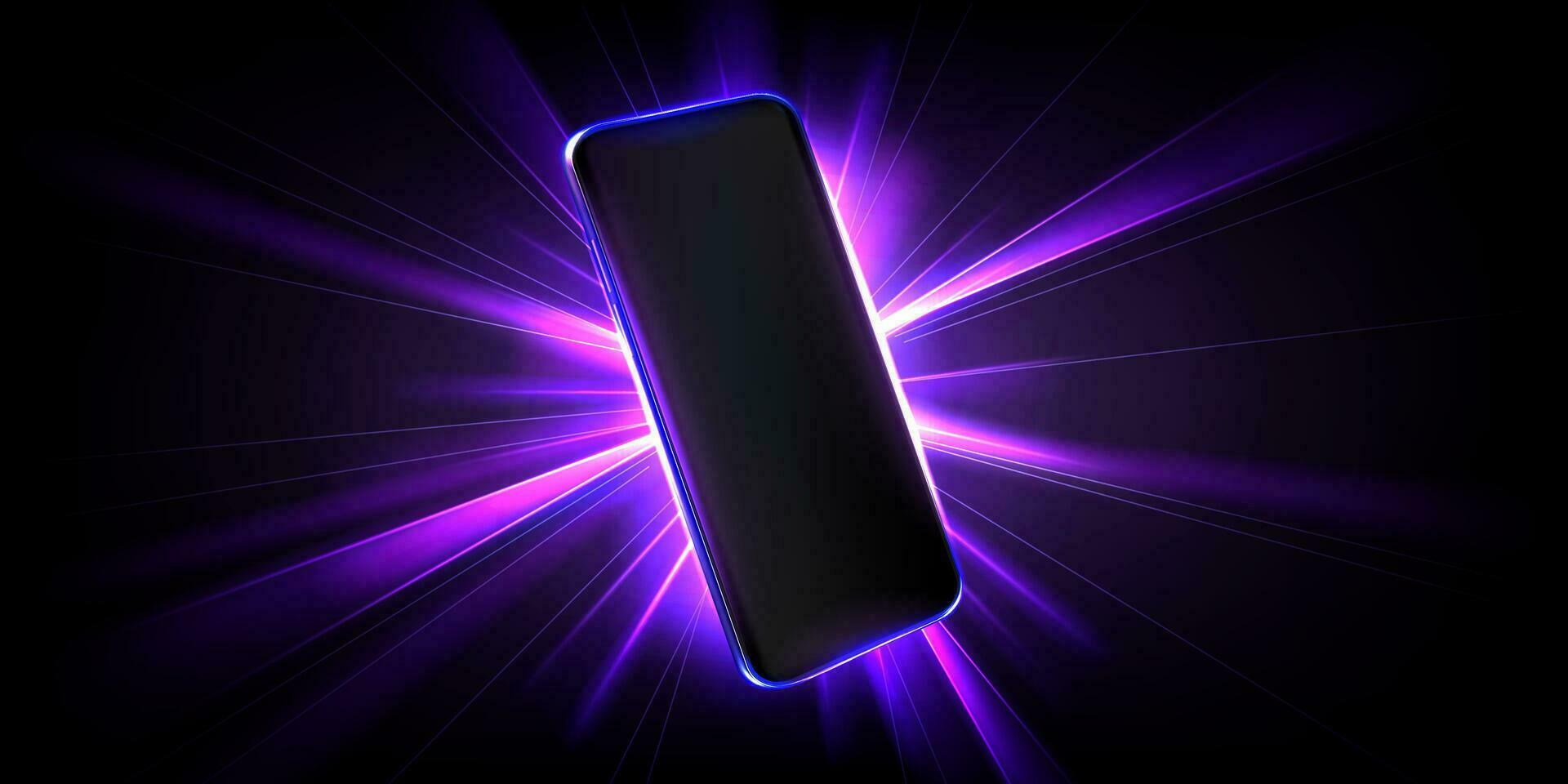 Realistic 3D smartphone with neon light effect vector