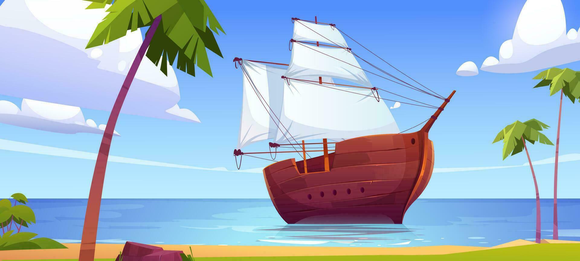 Cartoon retro boat with white sails vector