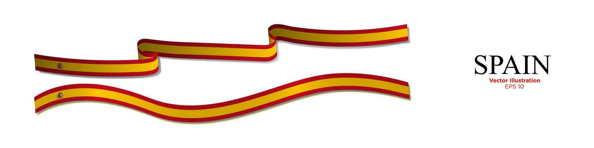 3d Rendered Spanish Flag Ribbons with shadows. Long Flag of Kingdom of Spain Set. Curled and rendered in perspective. Graphic Resource. Editable Vector Illustration.