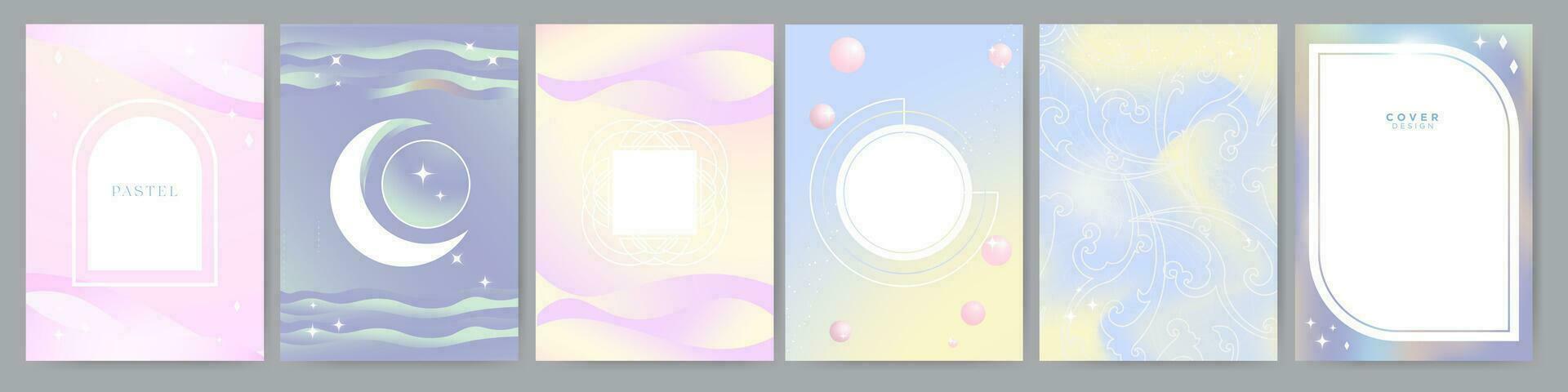 Collection of pastel poster backgrounds and templates with white geometric shapes for copy space. Liquid pastel gradients, pastel waves, crescent moon. Vector Illustration. EPS 10.