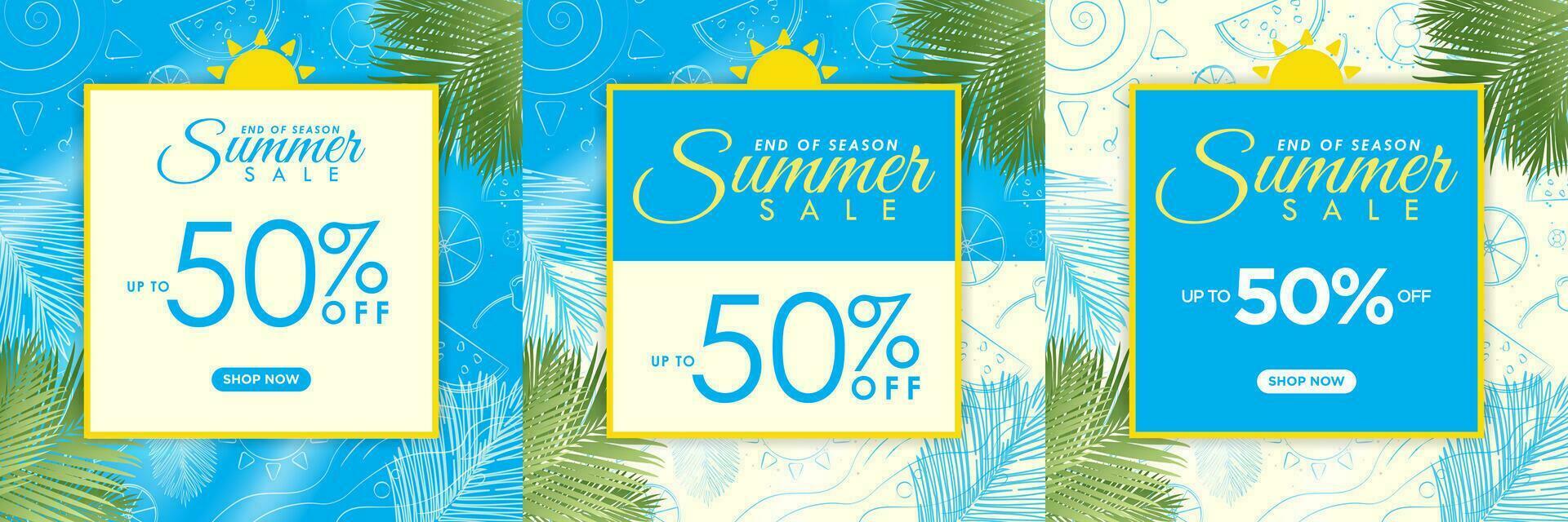 Summer Sale Signs on blue and cream background with tropical hand drawn summer elements and sunlight. Summer Sale Typography. Editable Vector Illustration. EPS 10.