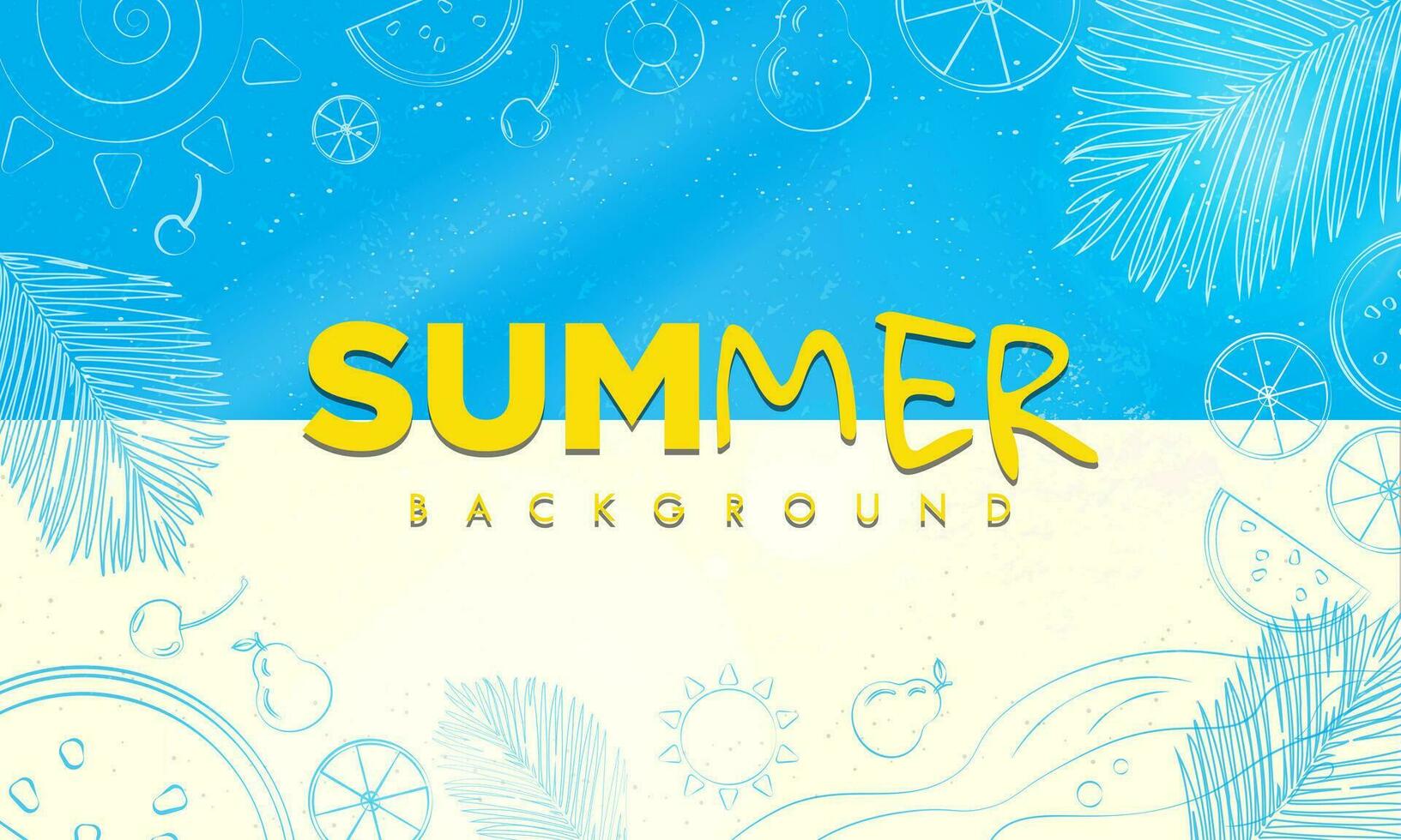 Bright Summer Tropical Background. Hand drawn tropical elements, fruits, lemon, cherry, waves, beach, palm leaves, sun. Bright Sunlight. Editable Vector Illustration. EPS 10.