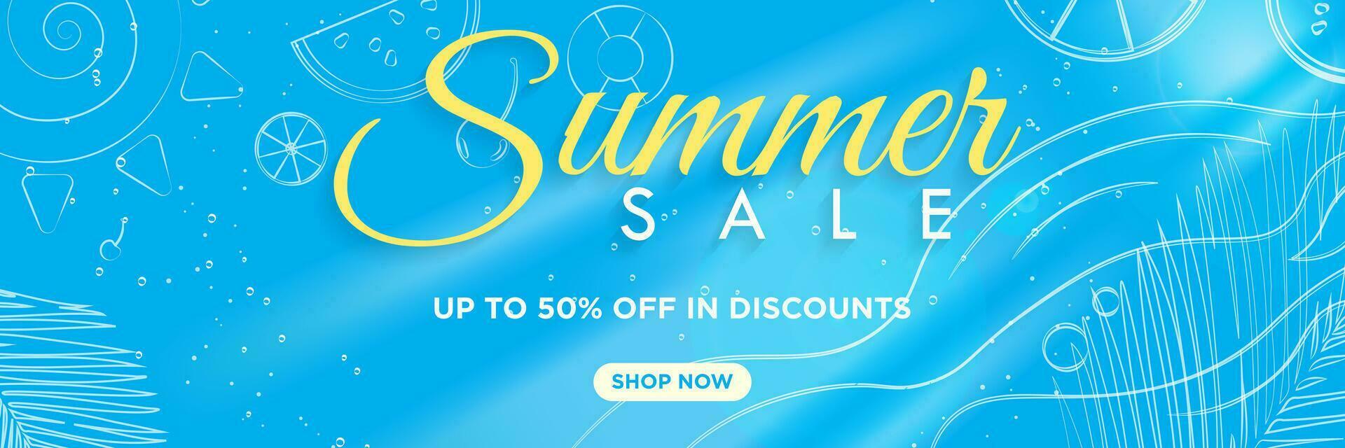 Summer Sale Banner typography with hand drawn tropical elements on blue background and rays of sunlight. Vector Illustration. EPS 10.