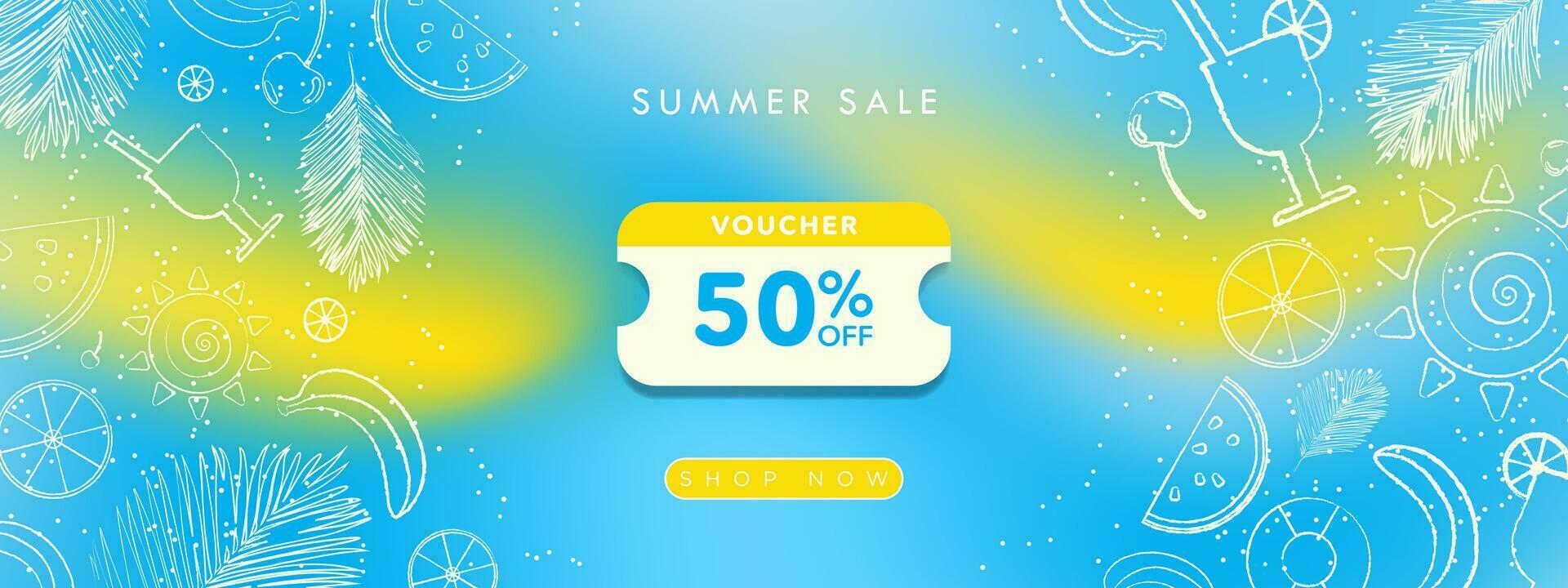 Colorful Summer Sale Coupon on blue and yellow gradient background framed with hand drawn autumn elements, fruits, banana, watermelon, cherry, lemon, cocktail, drink, palm leaf, sun. Shop now. ESP 10 vector