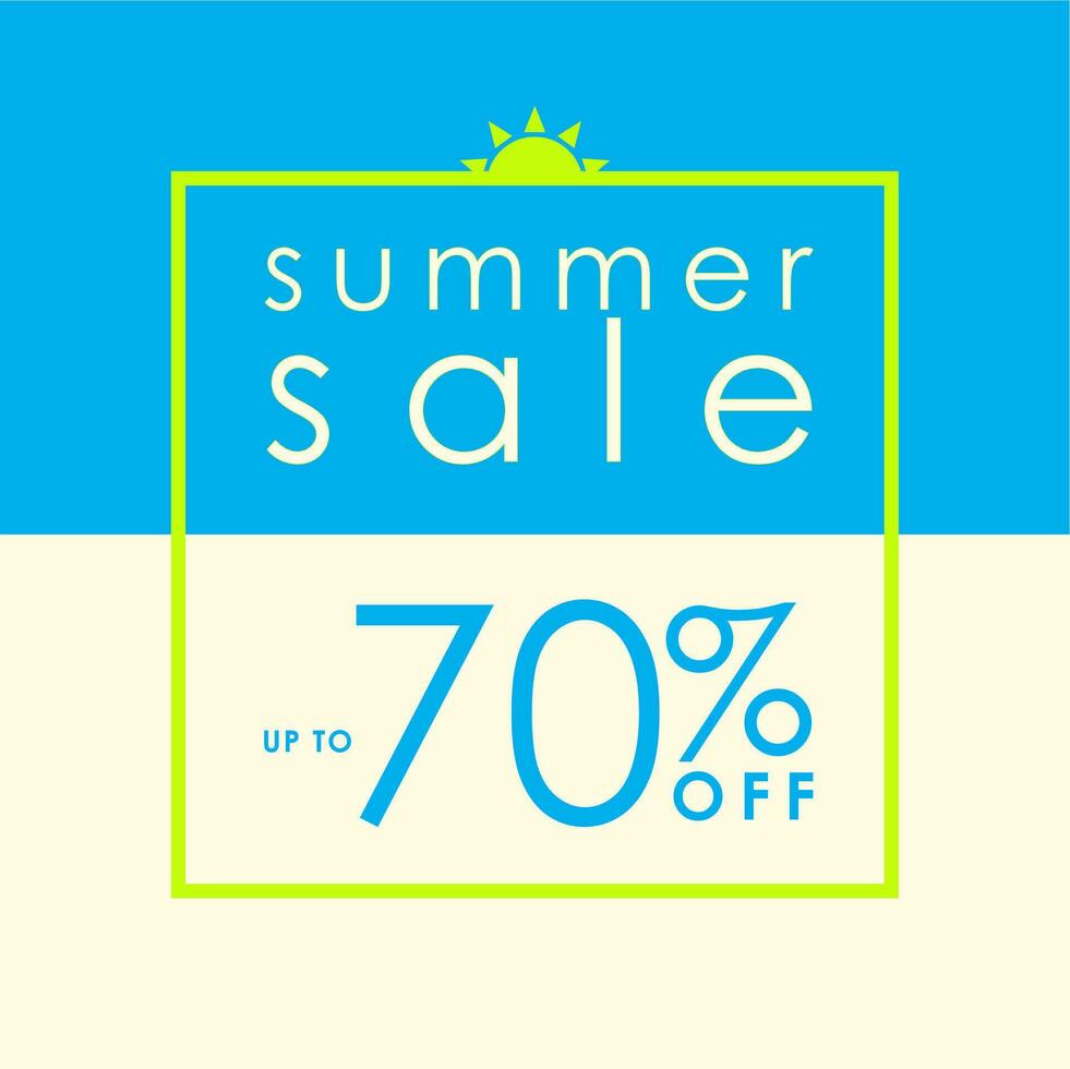Summer Sale Up to 70 off on Cyan and Light Yellow Background Sale Sign with yellow frame and sun symbol on top. For Business Print or social media post. Vector Illustration. EPS 10 File.
