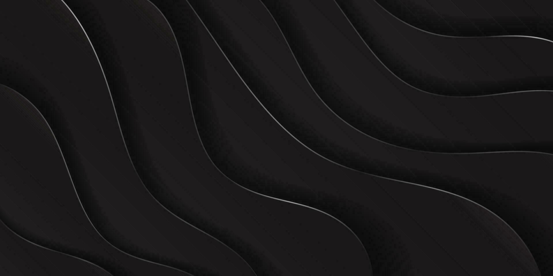 Elegant Black Monochromatic 3D Paper cut waves background template. 3d paper cutout curves. Shiny luxurious black template backdrop. Vector Illustration. EPS 10