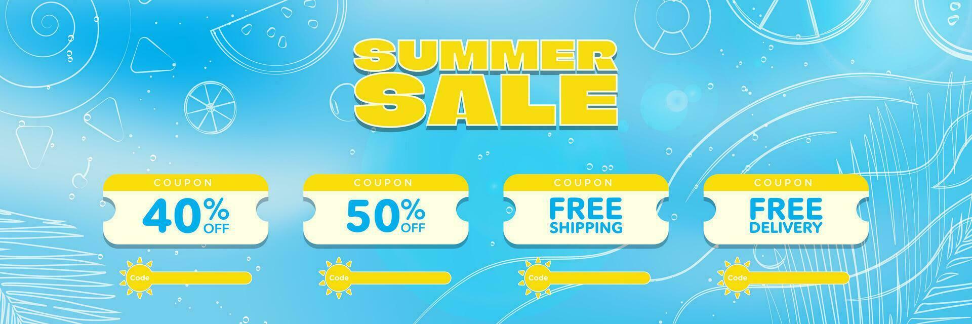 Colorful Summer Sale Coupon Templates with space for discount code. 40, 50, Free delivery, and free shipping promo voucher layouts on blue gradient background with hand drawn summer elements. Vector. vector