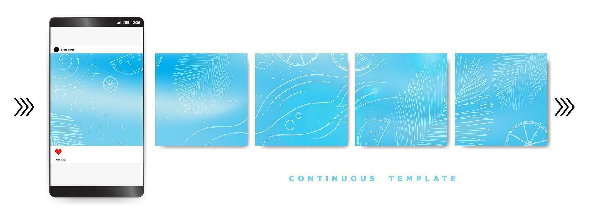 Smooth Blue Gradient with summer and tropical elements continuous vector template. Summer and blue gradient carousel ad template for social media. Vector Illustration. EPS 10.
