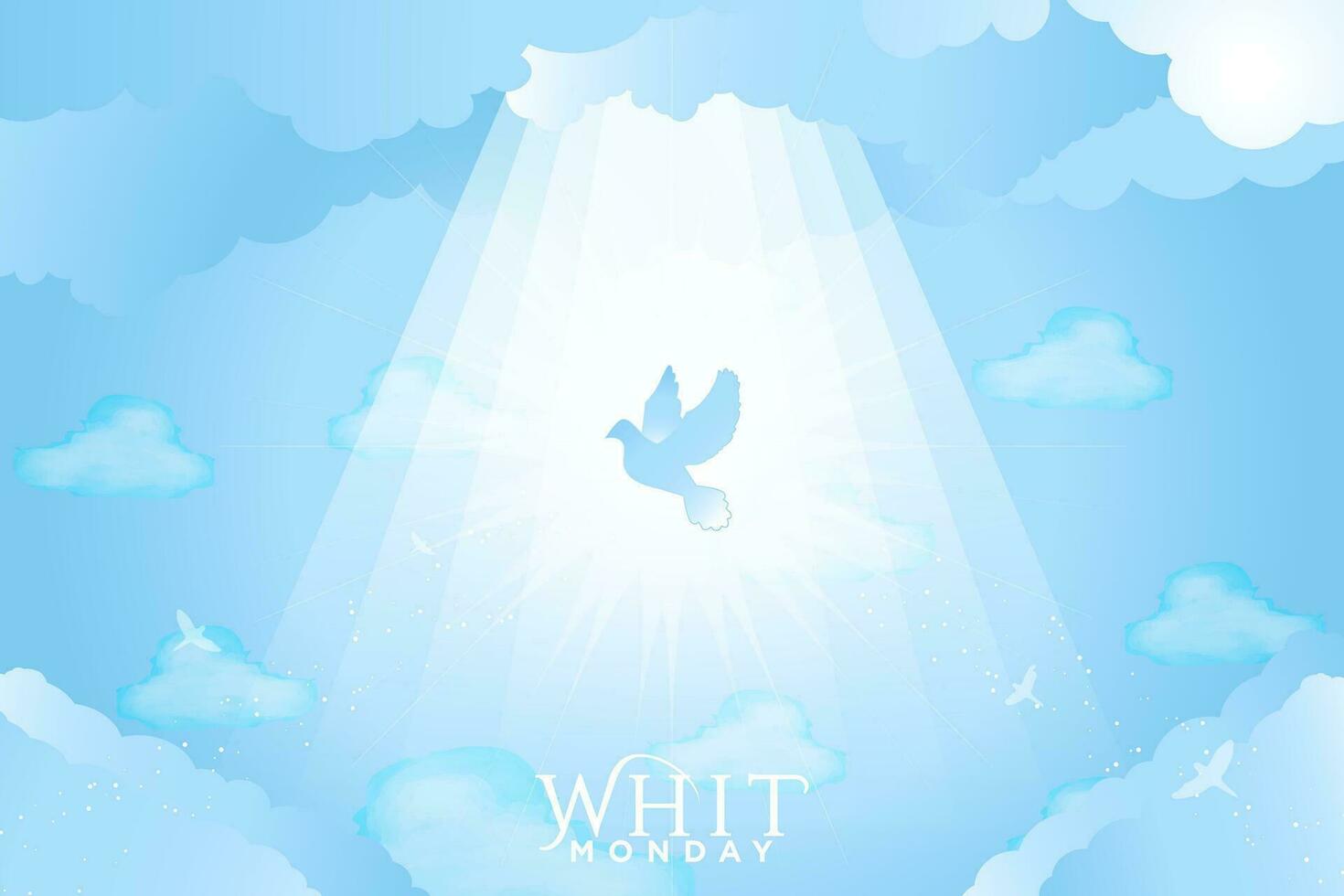 Blue Whit Monday or Pentecost Monday Horizontal Banner. Dove Silhouette bathed in heavenly light flying into the sky surrounded by blue clouds. vector