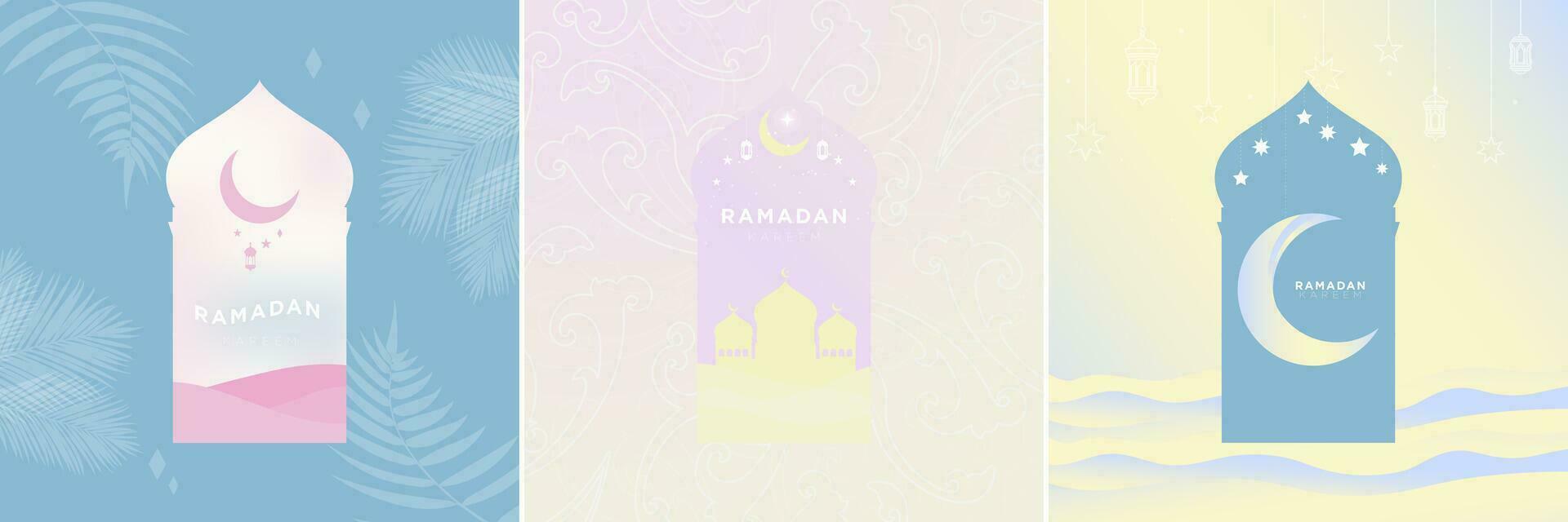 Set of 3 Pastel Islamic Holiday artworks. Eid al-adha mosque window concept greeting cards. Islamic elements. Vector Illustration. EPS 10.
