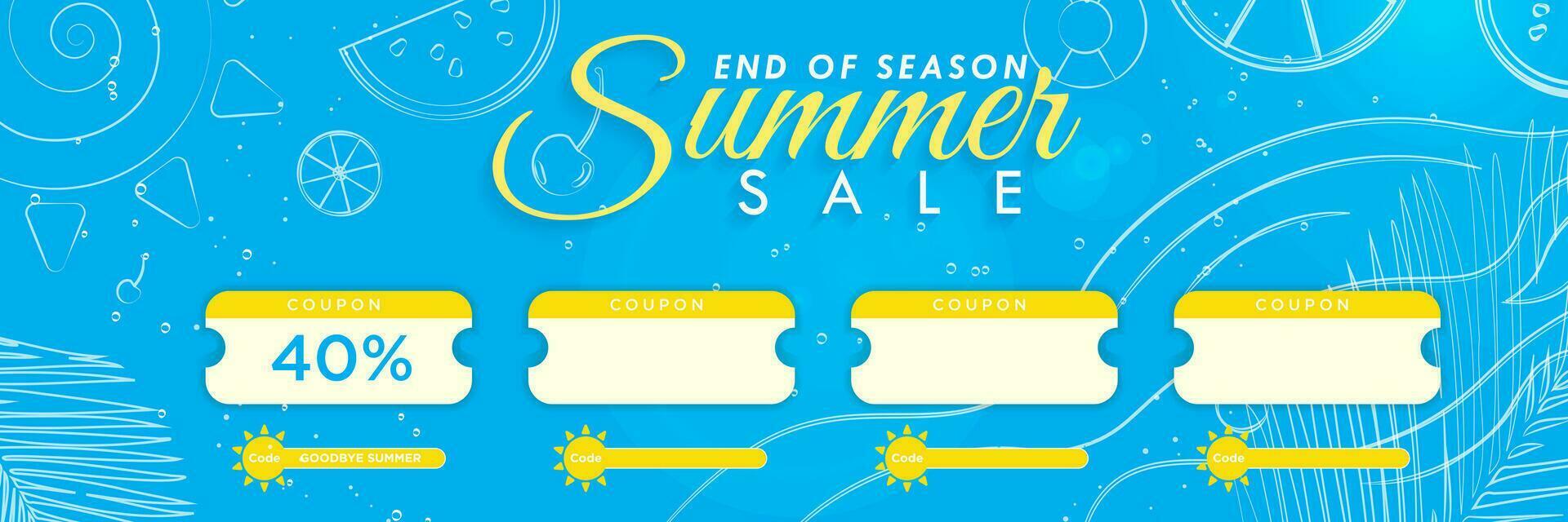 End of Season Summer Sale with isolated coupon or voucher icons on blue background with white drawings of fruits, palm leaves, beach waves, and sun. Editable Vector Illustration.