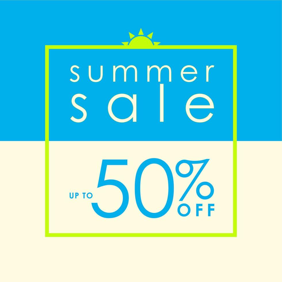 Summer Sale Up to 50 off on Cyan and Light Yellow Background Sale Sign with yellow frame and sun symbol on top. For Business Print or social media post. Vector Illustration. EPS 10 File.