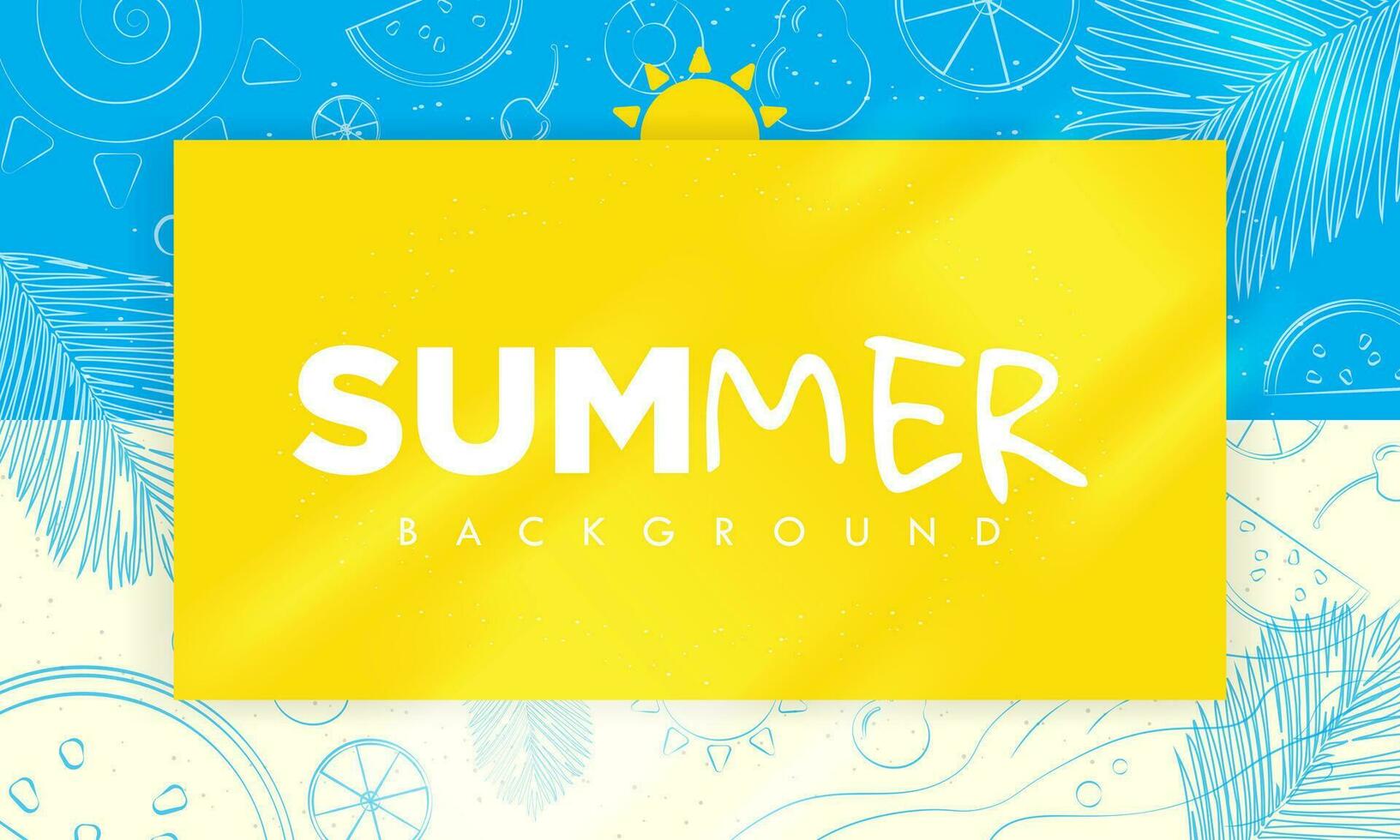 Fun Summer background for layouts and templates. Blue and cream colored background with hand drawn palm leaves, watermelon, lemon, cherry beach, waves, and tropical elements. Editable Vector. EPS 10. vector