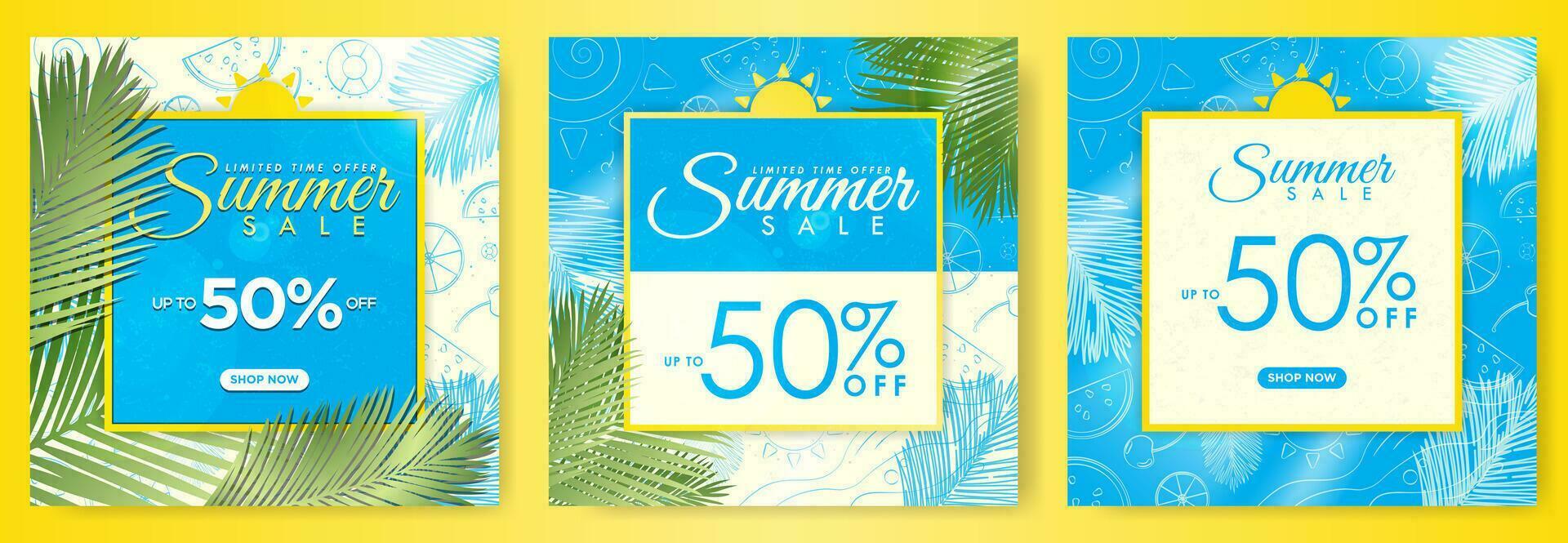 Limited Time Offer Summer Sale Signs. Colorful Summer Sale poster with up to 50 off text tag and shop now button. Simple yet colorful summer sale concept. Palm leaves, hand drawn tropical elements. vector