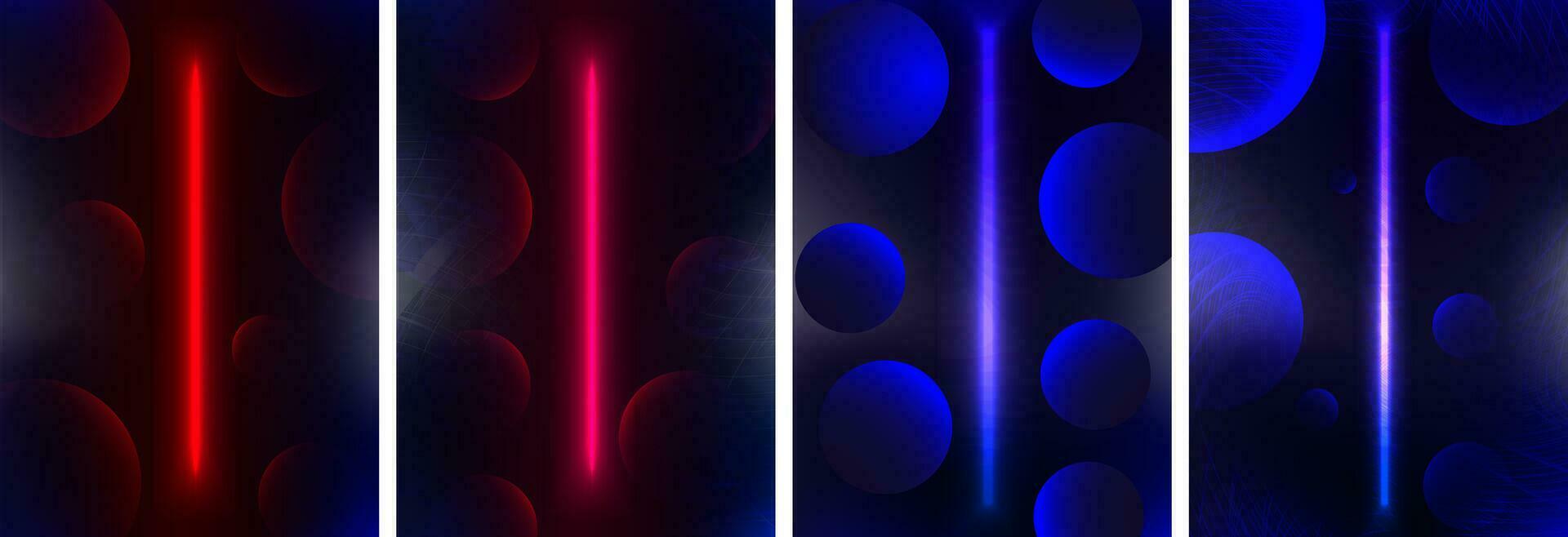 Set of red and blue glowing neon bars with 3d spheres and dimensional warp effect posters. Cyber neon abstract backgrounds. Editable Vector Illustration. EPS 10.
