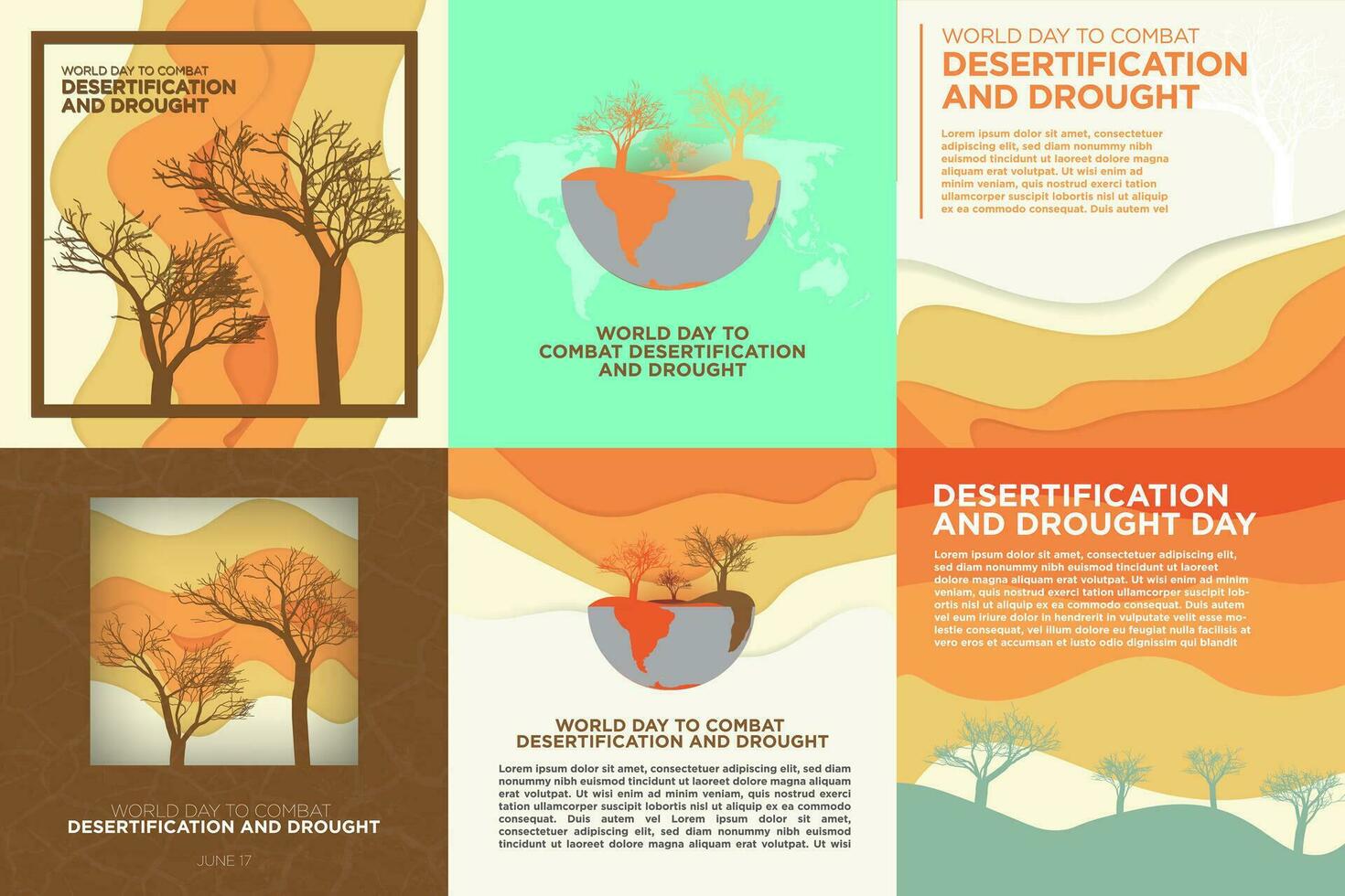 Set of 6 World Day to Combat Desertification and Drought Template. June 17. Square with copy space. Paper craft and dried land, dried trees on earth, drought. Vector Illustration. Editable. EPS 10.