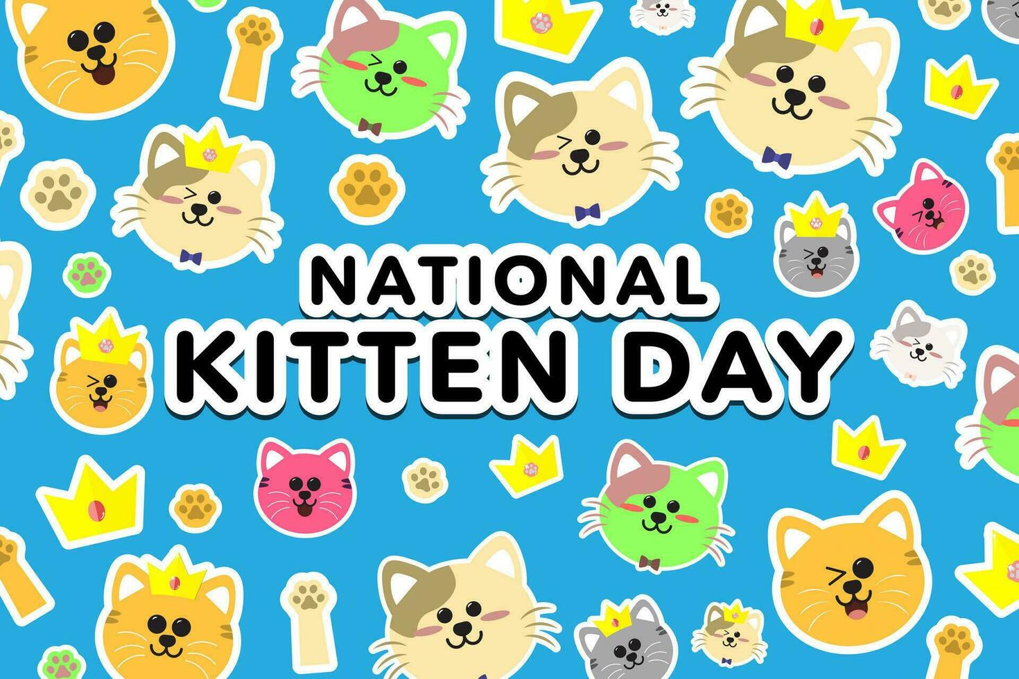 Cute and Fun National Kitten Day Banner, celebrated on July 10th. Pattern of cute cartoon cats, kittens, cat paws, and crown. Editable Vector Illustration. EPS 10.