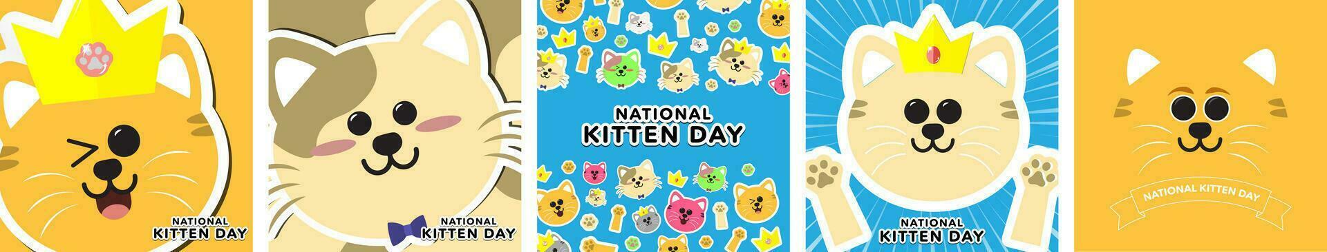 Cute National Kitten Day Greeting Cards. Cartoon cat and kitten illustrations with crowns and bowtie. Vector Illustration. EPS 10.