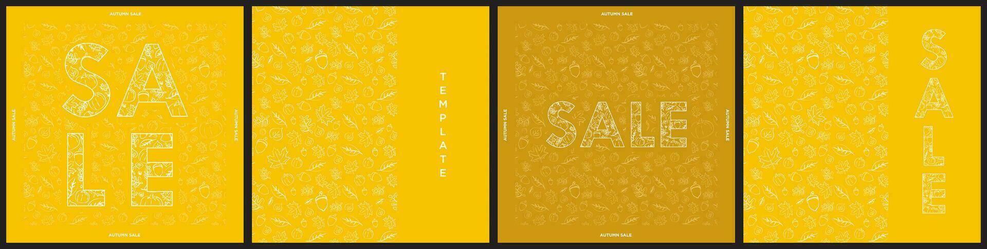 Set of Autumn Sale Lettering from Fall elements, maple, leaves, acorn, pumpkin. Cute Sale Sign Typography from collage of leaves, acorn, pumpkin on orange patterned background. Vector Illlustration.