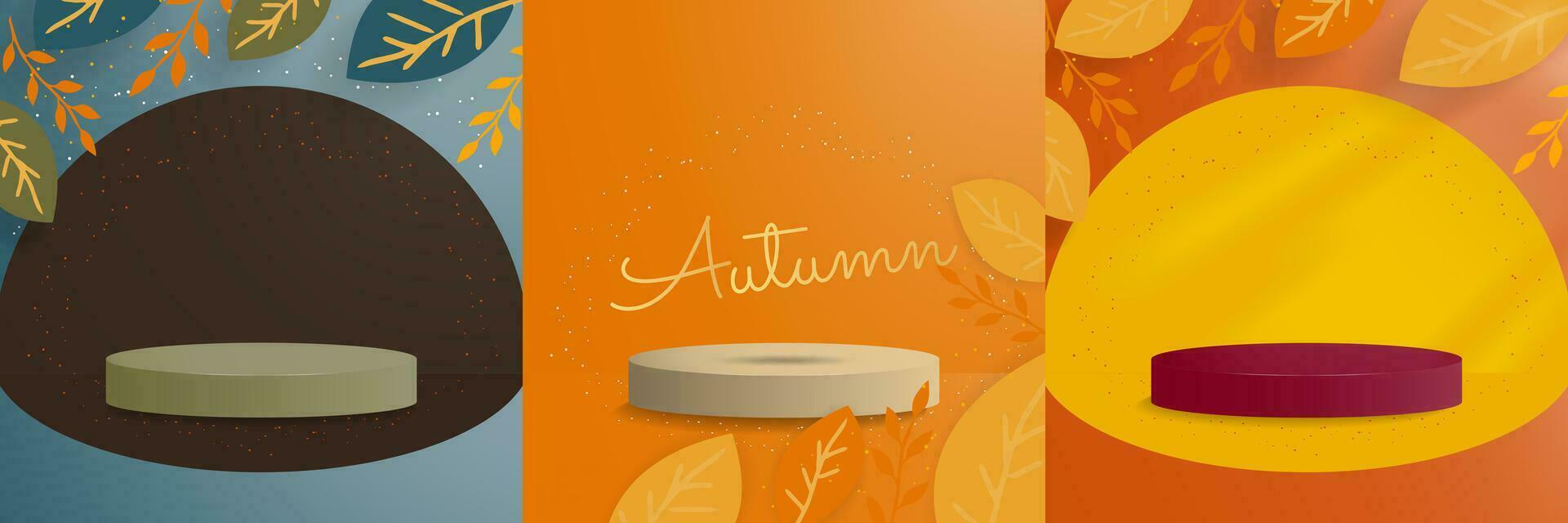 Autumn studio backgrounds with 3d rendered podium for product display. Autumn leaves frame with sunlight from corner. Editable Vector Illustration. EPS 10.