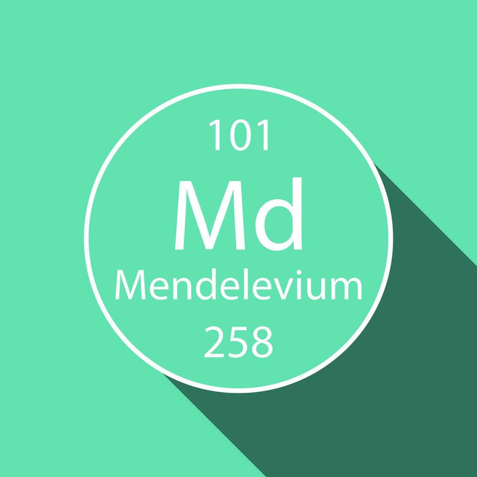 Mendelevium symbol with long shadow design. Chemical element of the periodic table. Vector illustration.