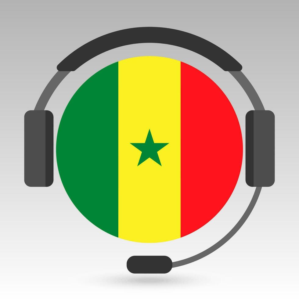 Senegal flag with headphones, support sign. Vector illustration.