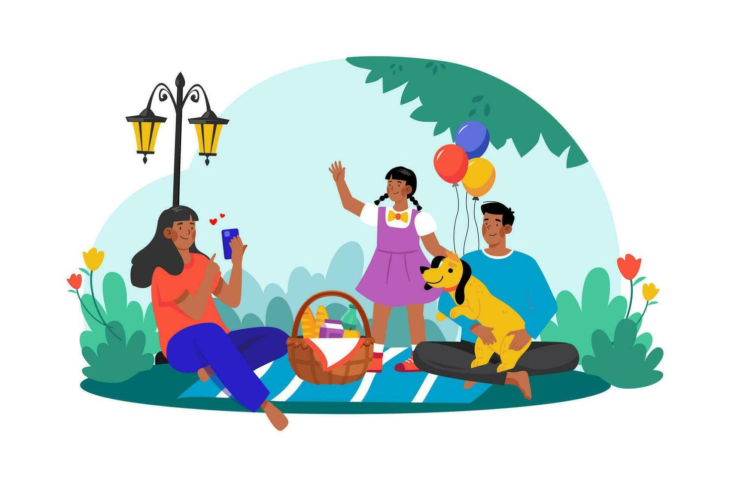A family enjoys a morning picnic in the park, surrounded by nature. vector