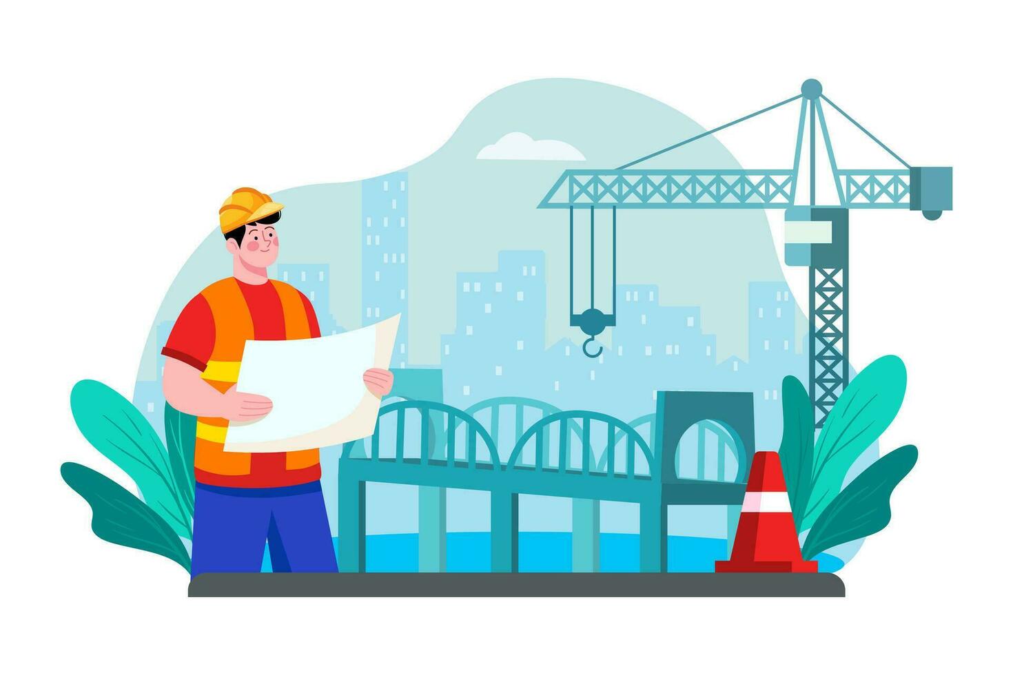 A contractor oversees the construction of a bridge over a major river. vector