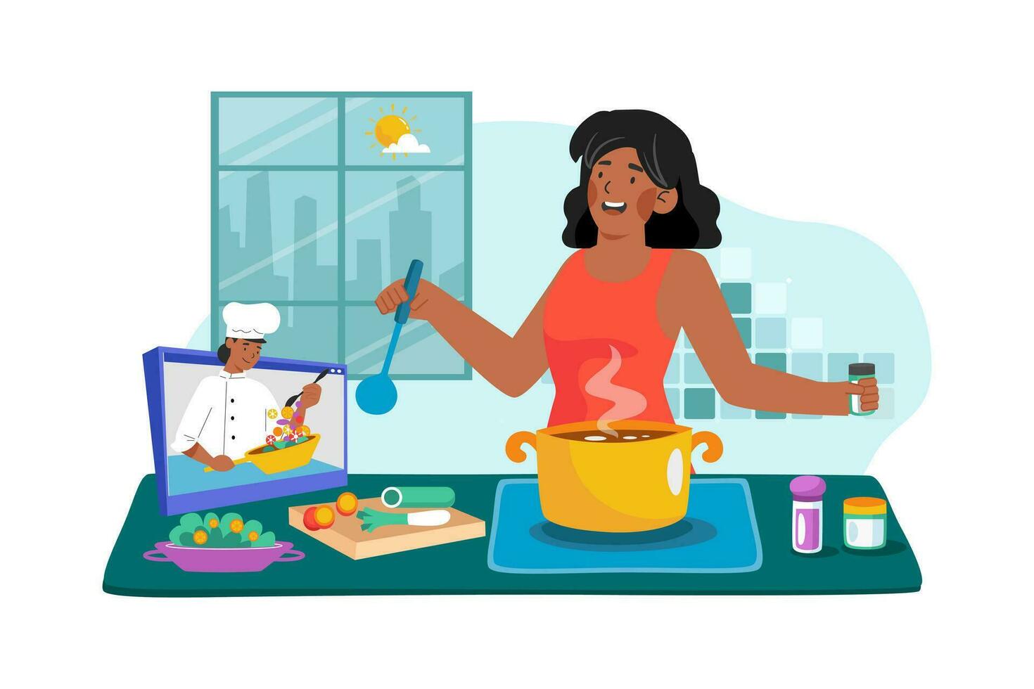 A woman attends a morning cooking class to learn new recipes and techniques. vector