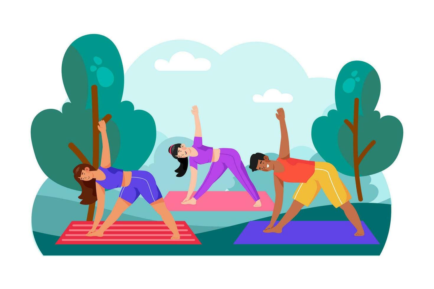 un grupo de amigos reúne para un Mañana yoga sesión en el parque. vector