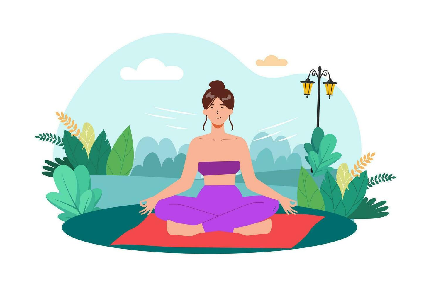 A woman practices meditation in a peaceful garden to begin her day with calmness. vector