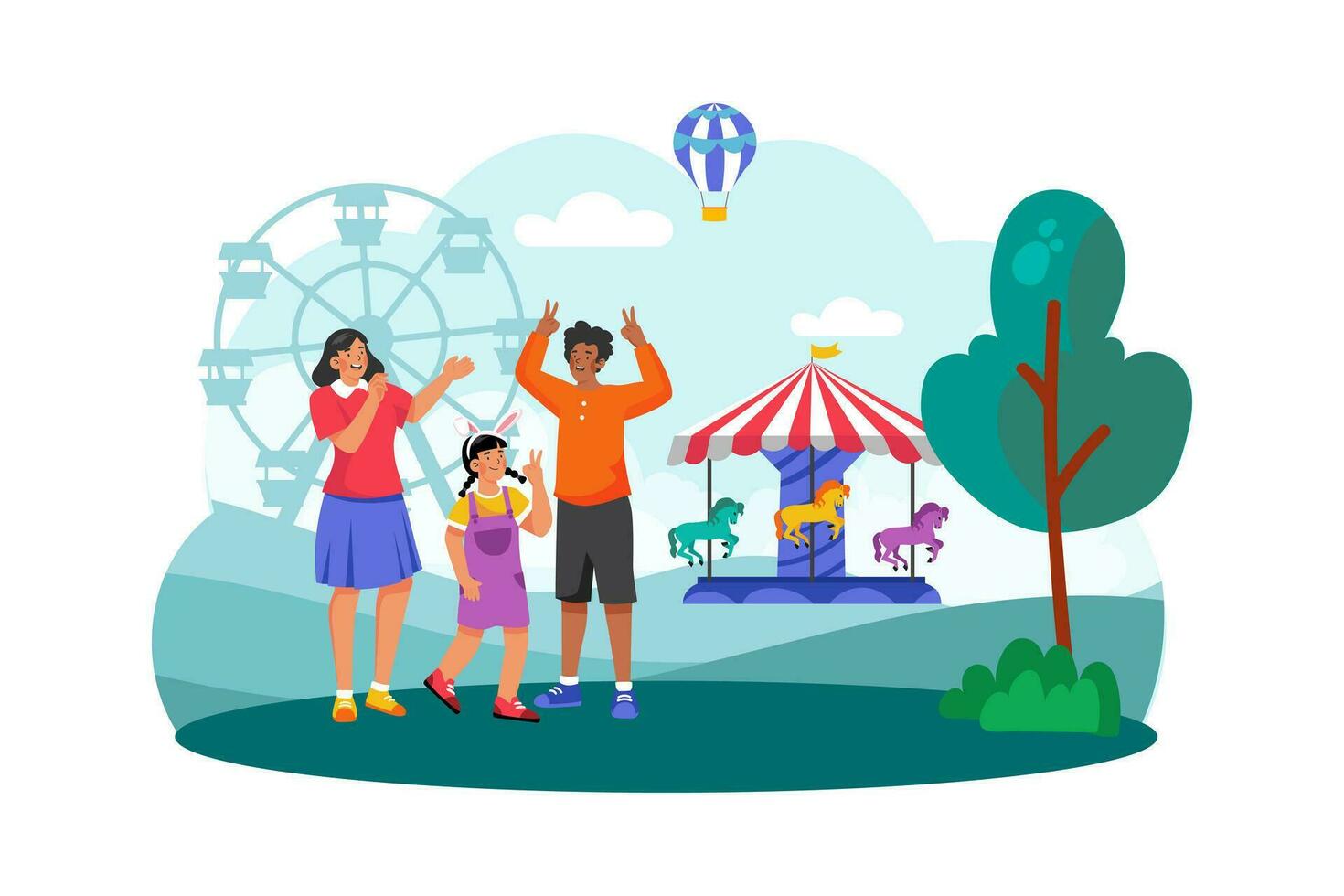 A family visits a nearby amusement park for a fun-filled morning of rides and attractions. vector